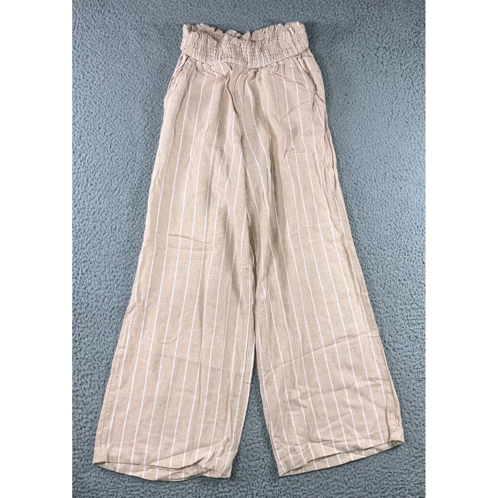 Pink Rose Wide Leg Pants Women S Tan White Striped Smocked High Rise Linen Blend